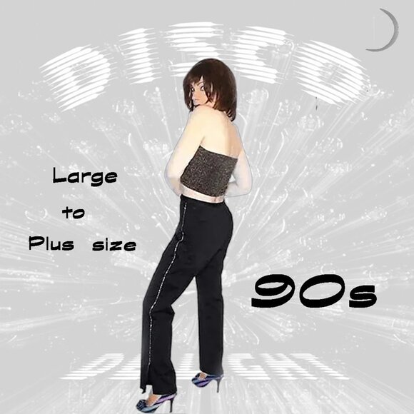 Black Satin Stretch Pants with Rhinestones, Boot Cut Bougie Evening Glam 90s - Picture 1 of 16
